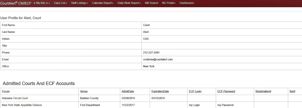 screenshot of CourtAlert Case Management